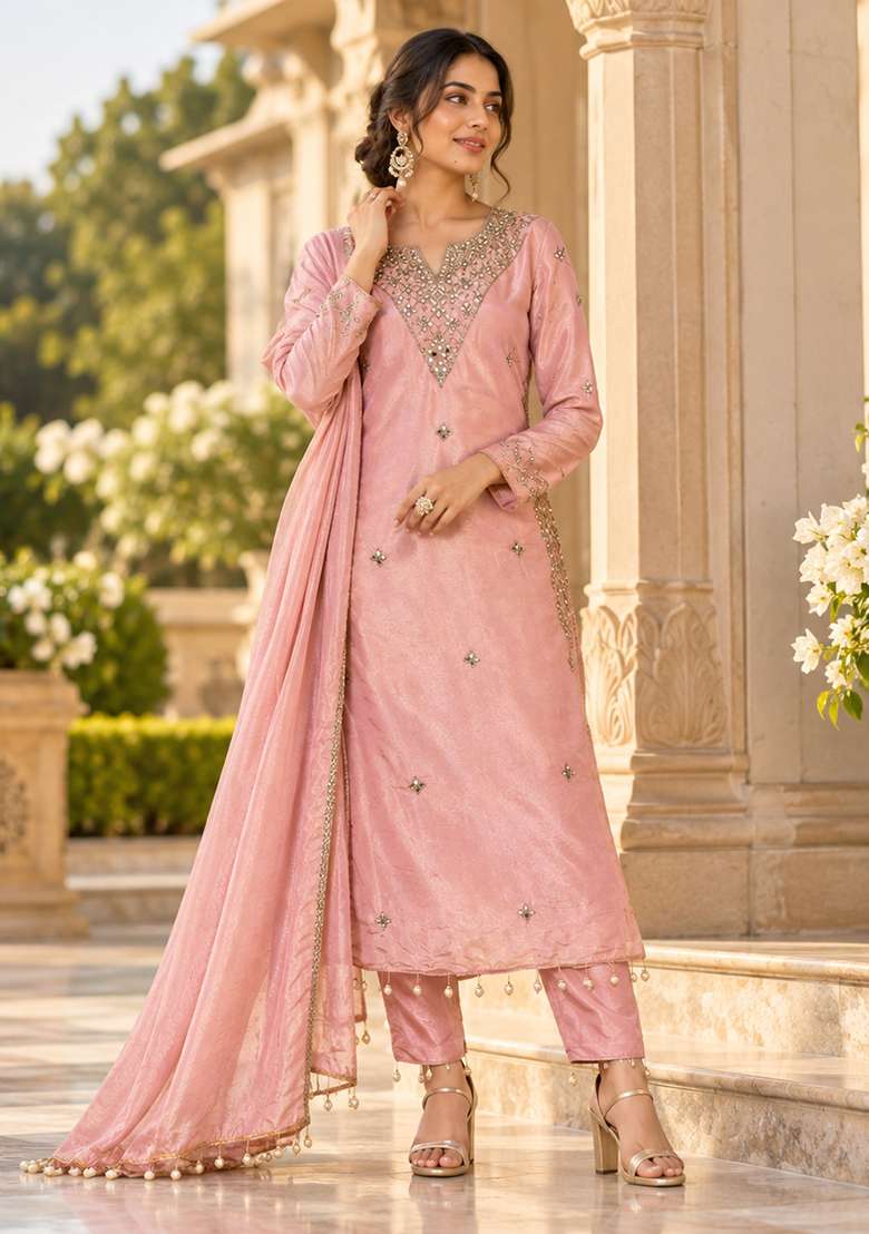 Peach Kurta Pant Dupatta Set in Pure Chinon with Hand Embroidery - Indya