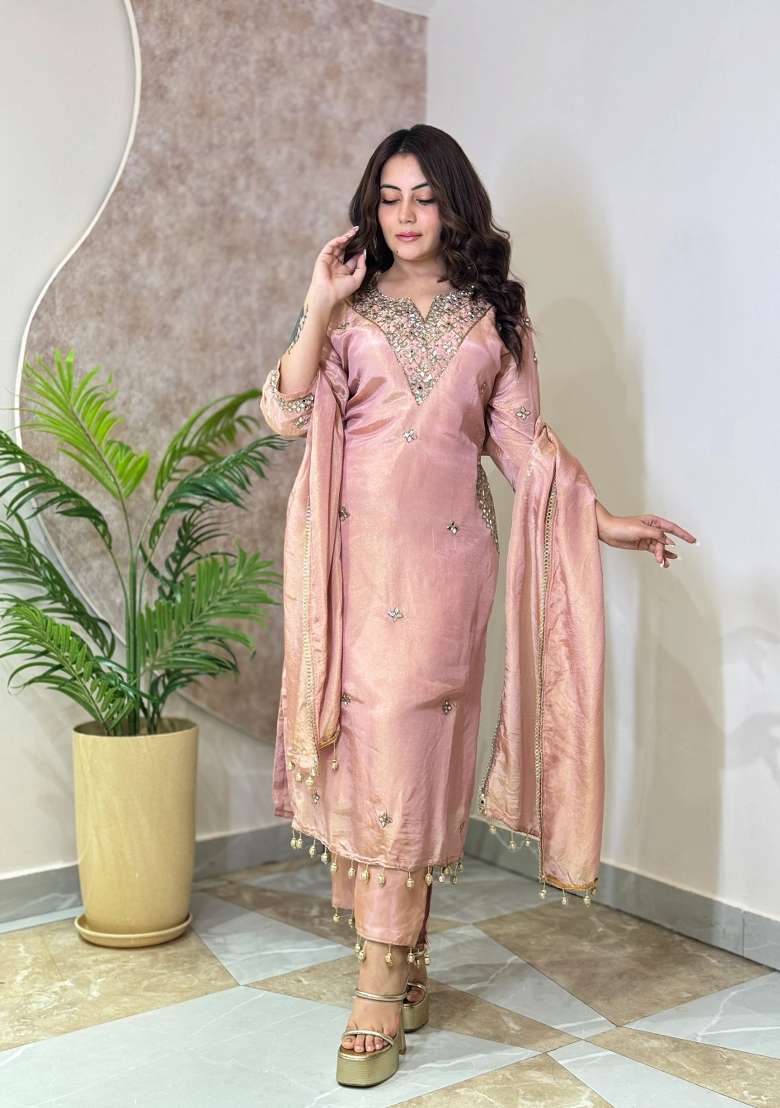 Peach Kurta Pant Dupatta Set in Pure Chinon with Hand Embroidery - Indya