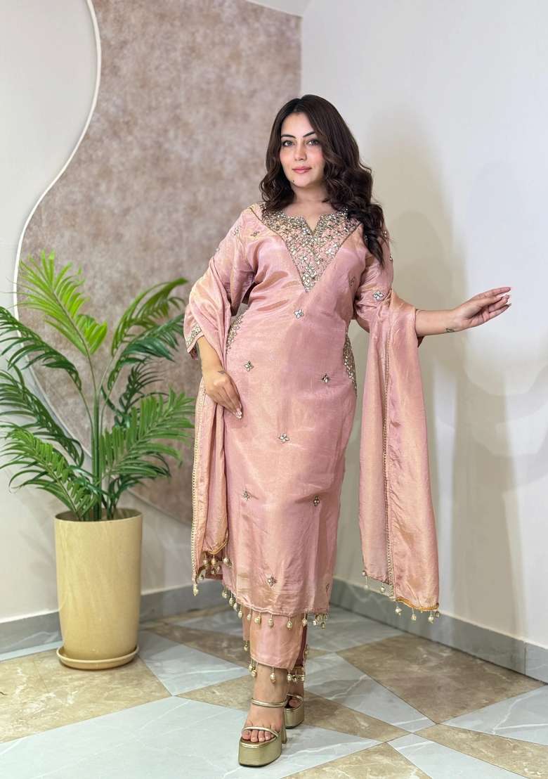 Peach Kurta Pant Dupatta Set in Pure Chinon with Hand Embroidery - Indya