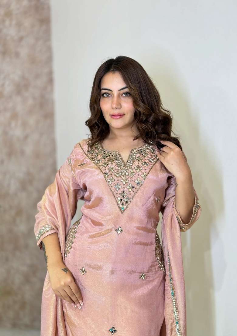 Peach Kurta Pant Dupatta Set in Pure Chinon with Hand Embroidery - Indya