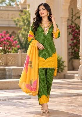 Green Kurta Pant Dupatta Set in Pure Chinon with Bandhani Print and Mirror Work