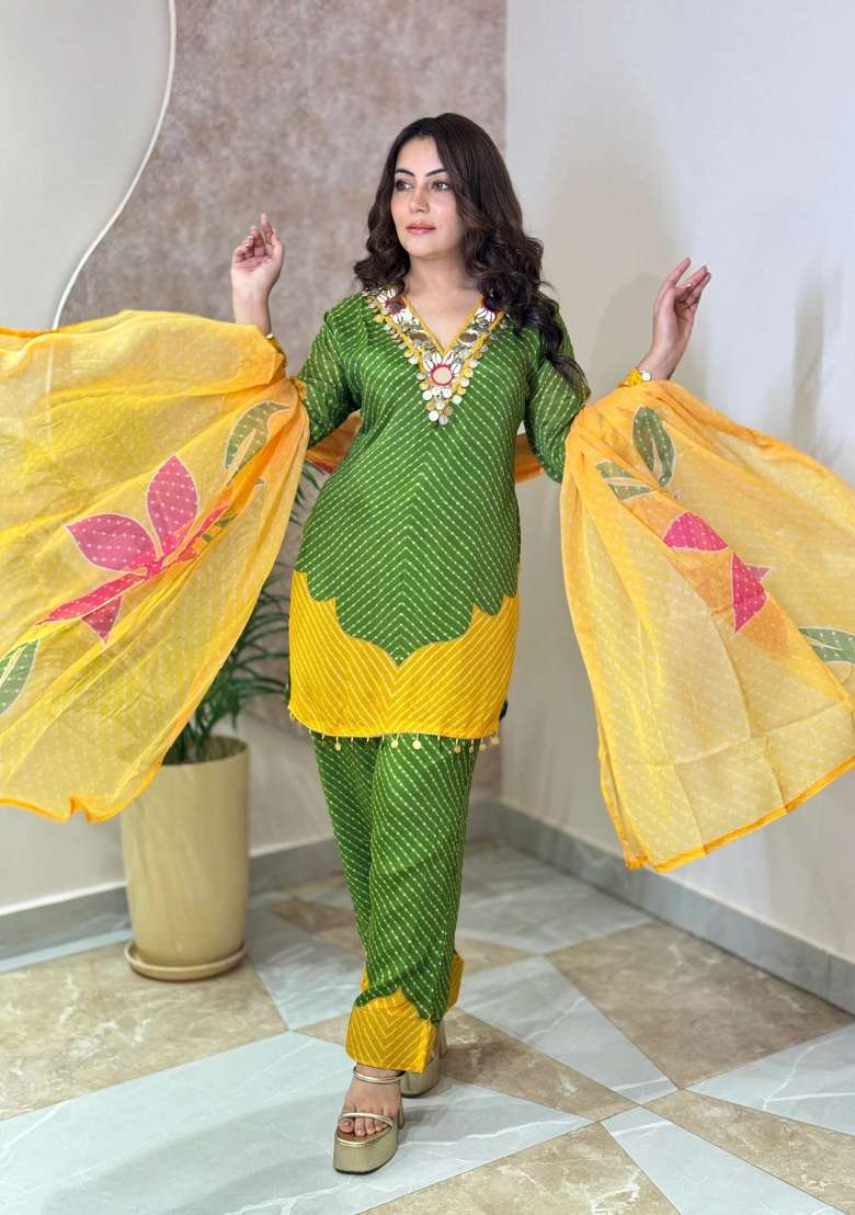 Green Kurta Pant Dupatta Set in Pure Chinon with Bandhani Print and Mirror Work - Indya