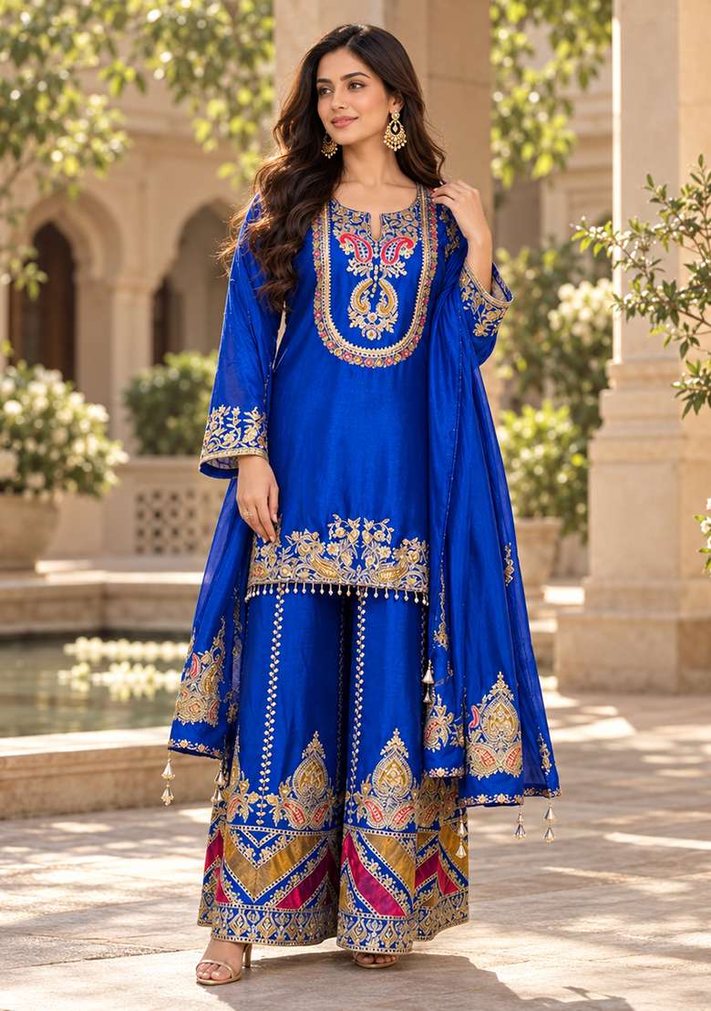 Blue Sharara Set in Pure Chinon with Lace Work and Hand Embroidery - Indya