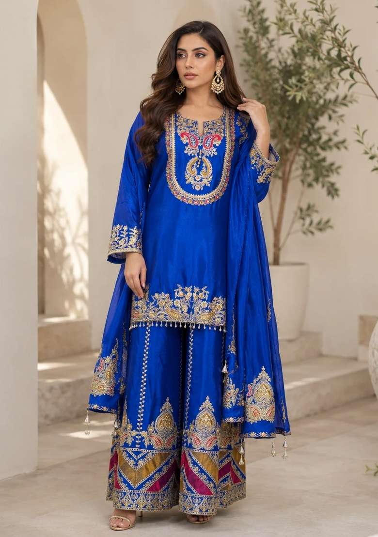 Blue Sharara Set in Pure Chinon with Lace Work and Hand Embroidery - Indya