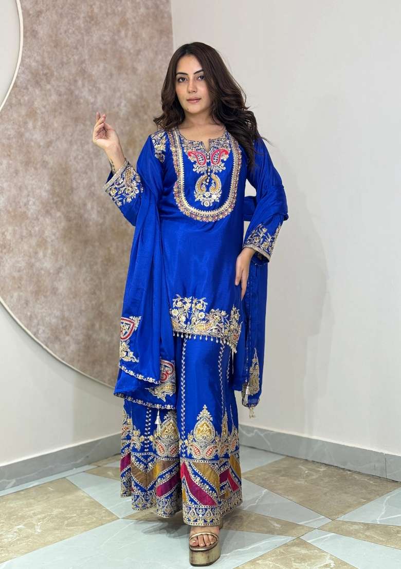Blue Sharara Set in Pure Chinon with Lace Work and Hand Embroidery - Indya