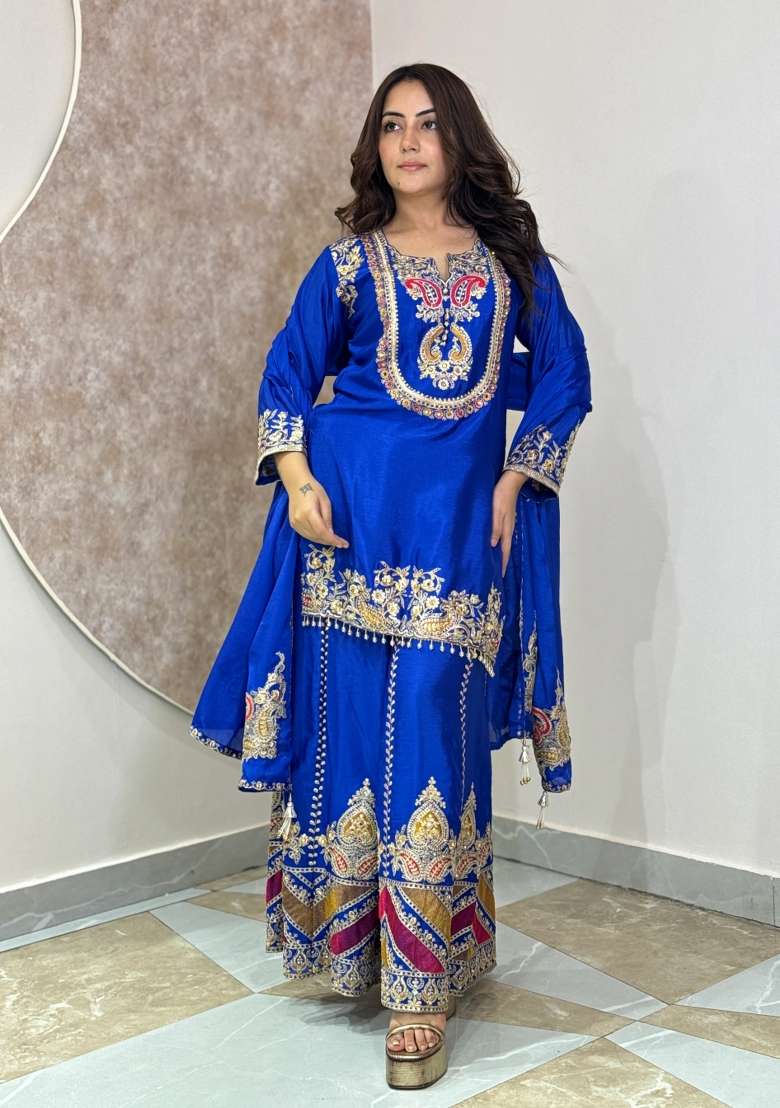 Blue Sharara Set in Pure Chinon with Lace Work and Hand Embroidery - Indya