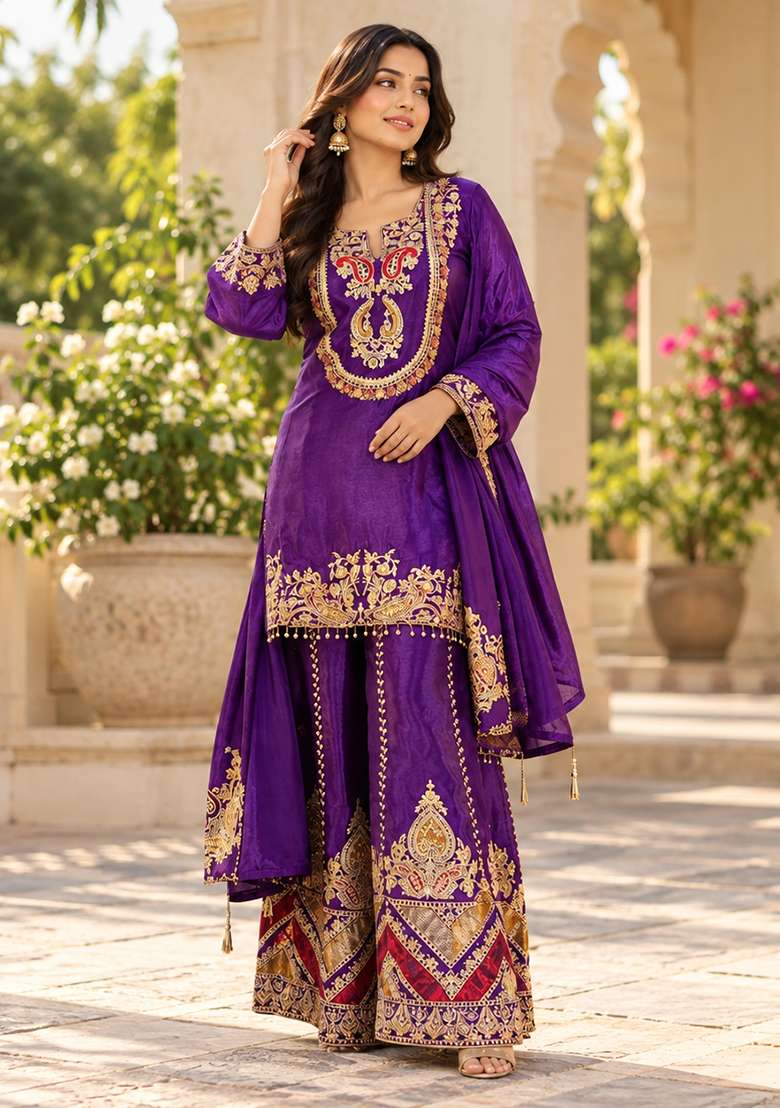 Purple Sharara Set in Pure Chinon with Lace Work and Hand Embroidery - Indya