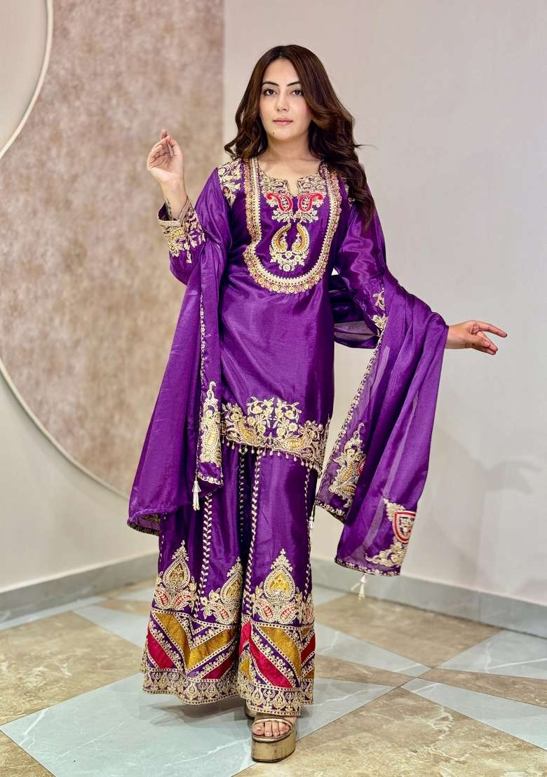 Purple Sharara Set in Pure Chinon with Lace Work and Hand Embroidery - Indya
