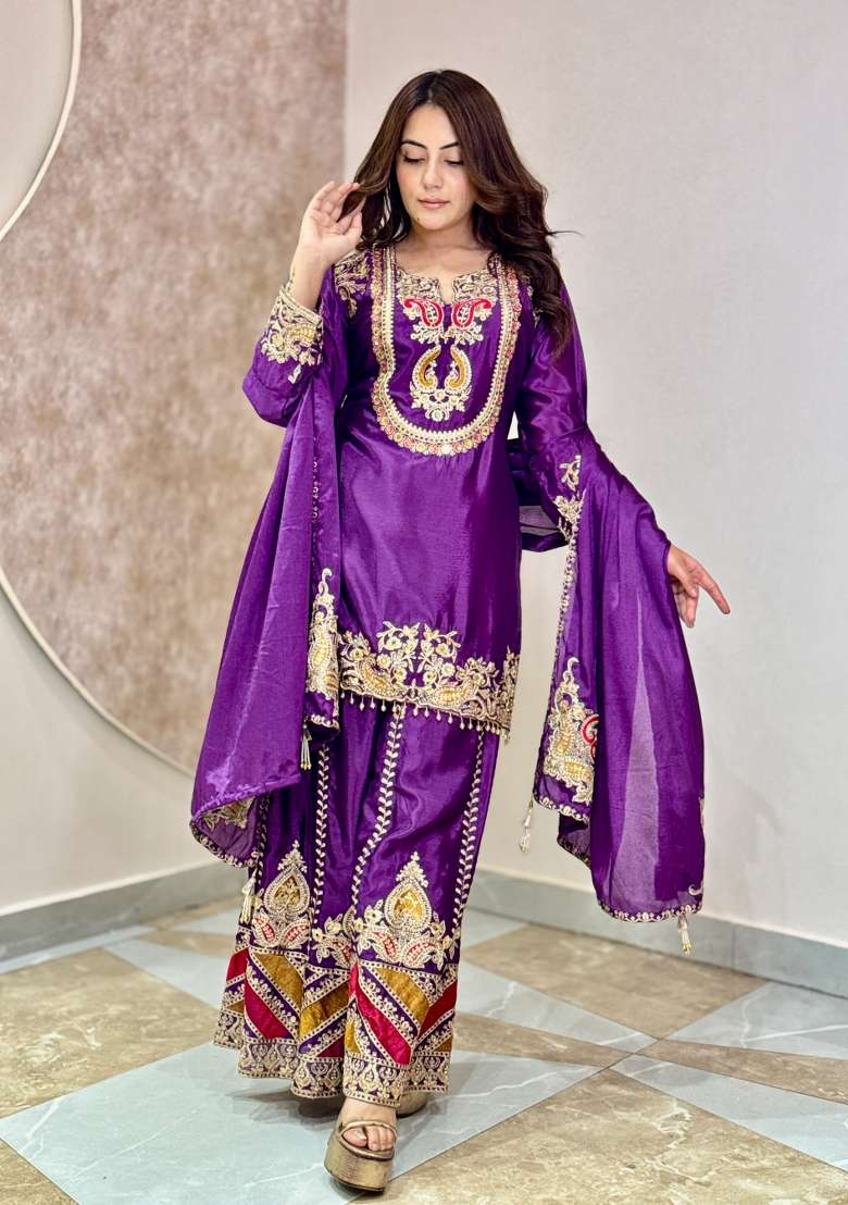 Purple Sharara Set in Pure Chinon with Lace Work and Hand Embroidery - Indya