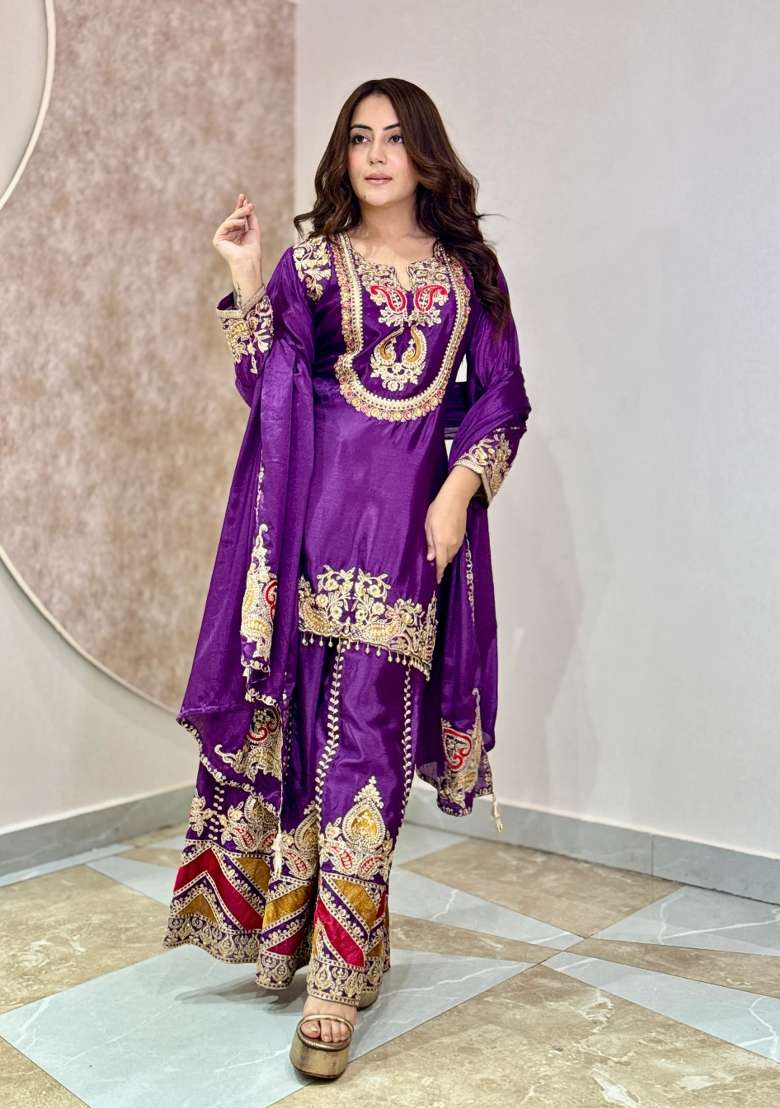 Purple Sharara Set in Pure Chinon with Lace Work and Hand Embroidery - Indya