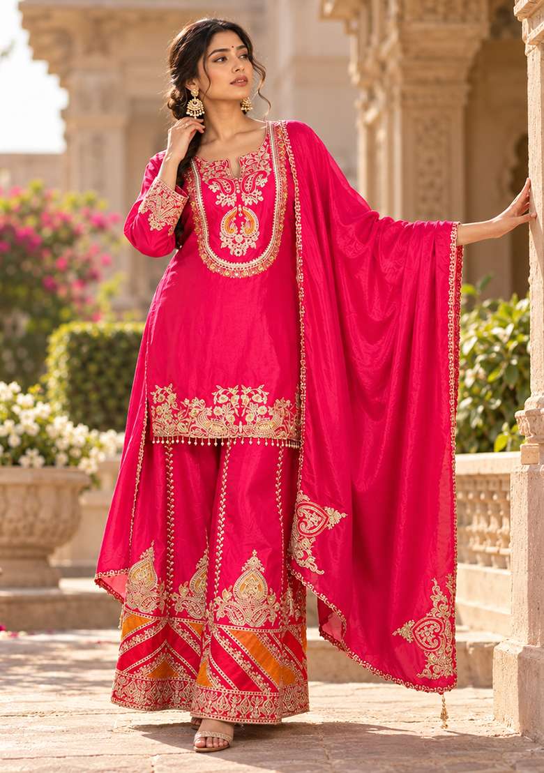 Hot Pink Sharara Set in Pure Chinon with Lace Work and Hand Embroidery - Indya
