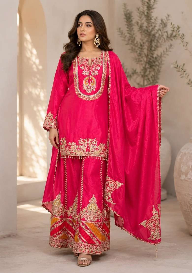 Hot Pink Sharara Set in Pure Chinon with Lace Work and Hand Embroidery - Indya