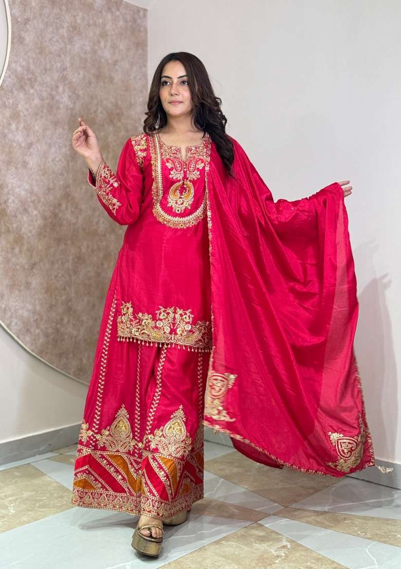 Hot Pink Sharara Set in Pure Chinon with Lace Work and Hand Embroidery - Indya