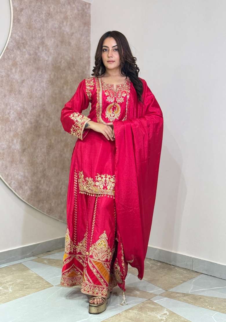 Hot Pink Sharara Set in Pure Chinon with Lace Work and Hand Embroidery - Indya
