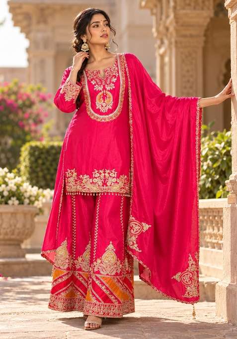 Hot Pink Sharara Set in Pure Chinon with Lace Work and Hand Embroidery