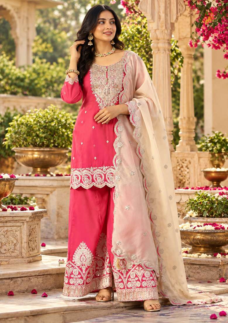 Hot Pink Gharara Set in Pure Crepe with Zari Zardozi and Mirror Work - Indya