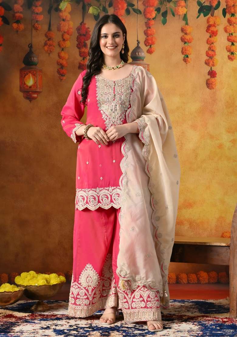 Hot Pink Gharara Set in Pure Crepe with Zari Zardozi and Mirror Work - Indya
