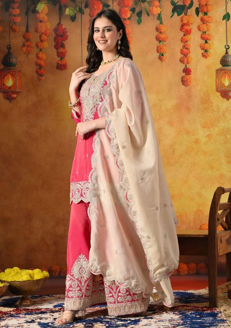 Hot Pink Gharara Set in Pure Crepe with Zari Zardozi and Mirror Work - Indya