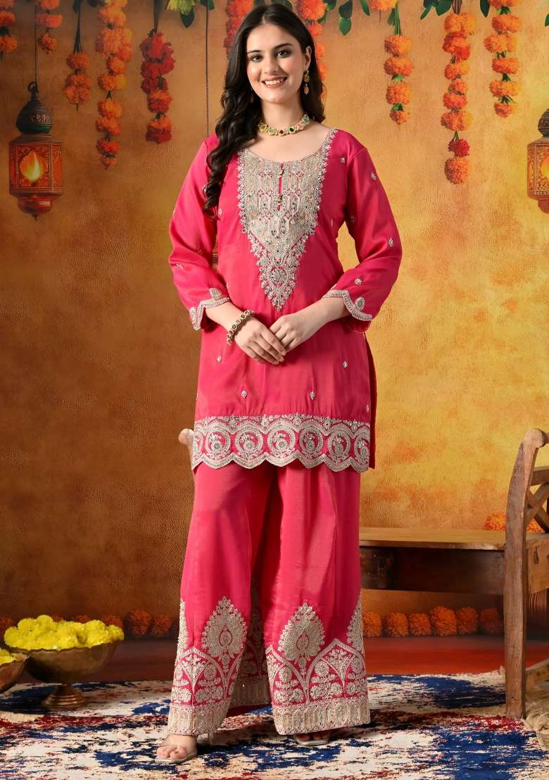Hot Pink Gharara Set in Pure Crepe with Zari Zardozi and Mirror Work - Indya