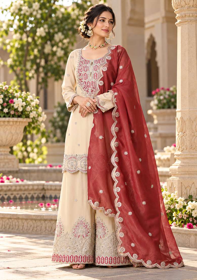 Off White Gharara Set in Pure Crepe with Zari Zardozi and Mirror Work - Indya