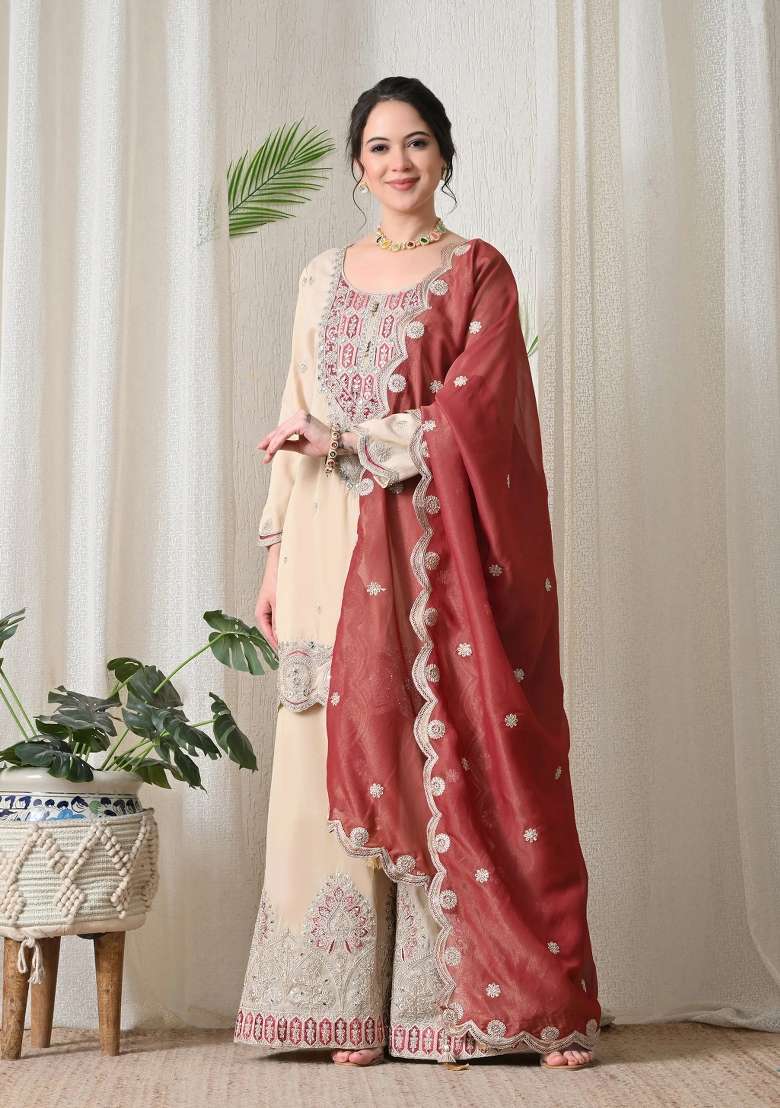 Off White Gharara Set in Pure Crepe with Zari Zardozi and Mirror Work - Indya