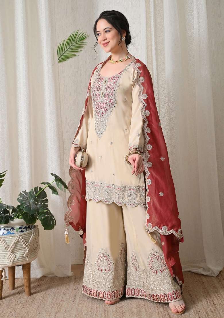 Off White Gharara Set in Pure Crepe with Zari Zardozi and Mirror Work - Indya