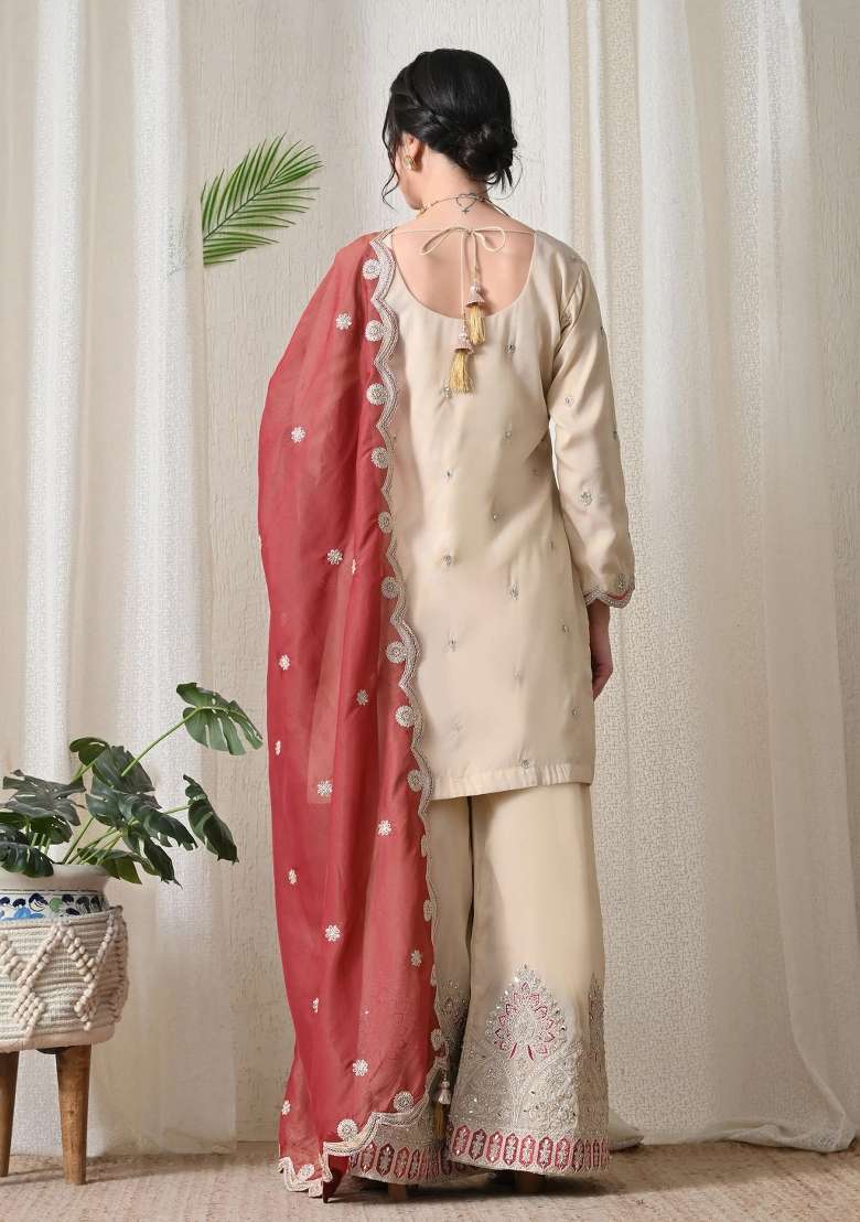 Off White Gharara Set in Pure Crepe with Zari Zardozi and Mirror Work - Indya