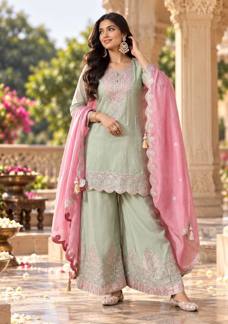 Mint Green Gharara Set in Pure Crepe with Zari Zardozi and Mirror Work - Indya