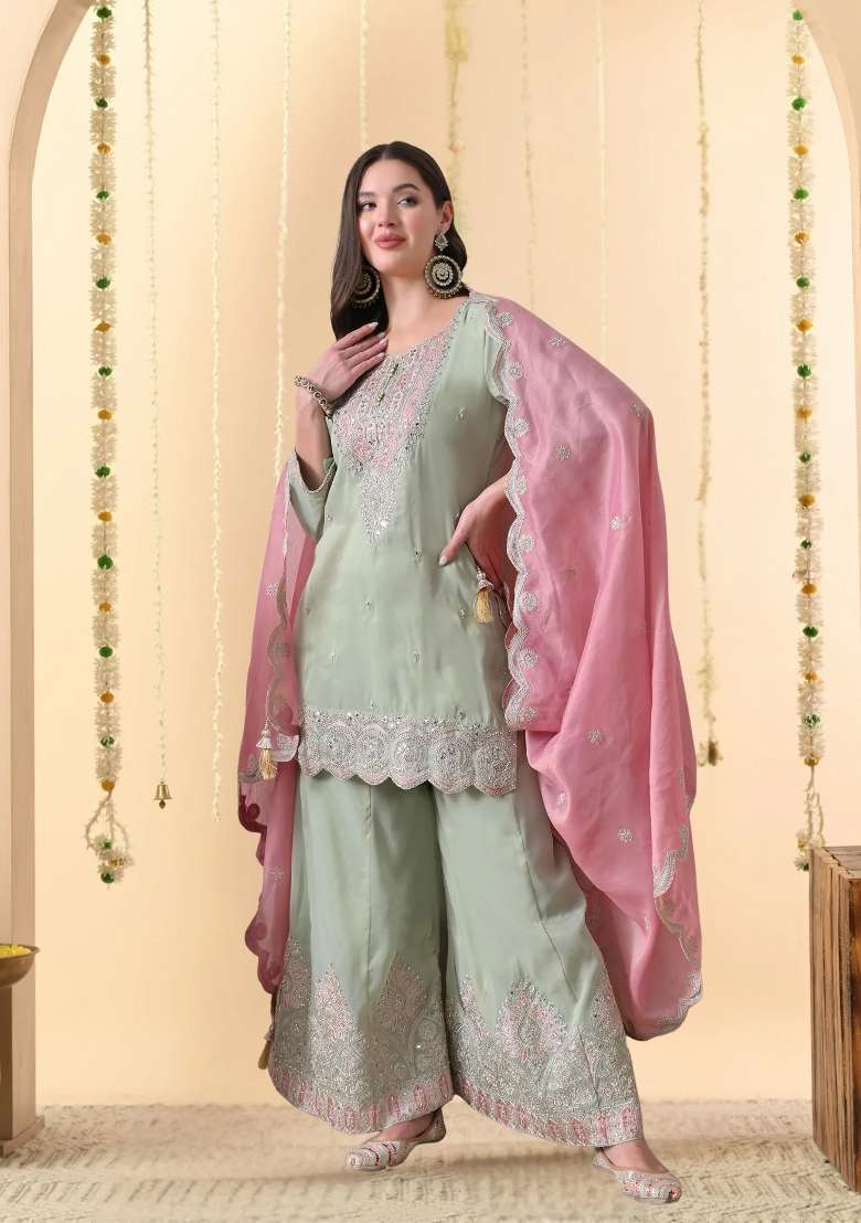 Mint Green Gharara Set in Pure Crepe with Zari Zardozi and Mirror Work - Indya