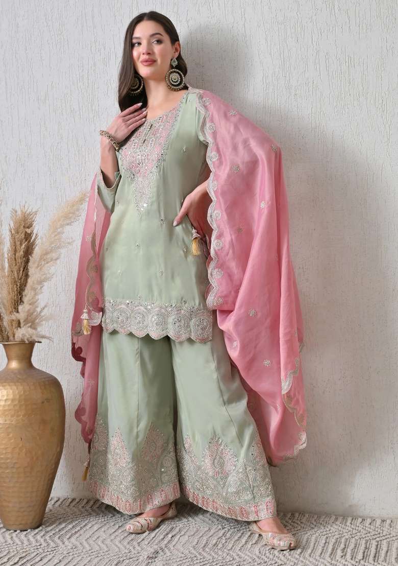 Mint Green Gharara Set in Pure Crepe with Zari Zardozi and Mirror Work - Indya
