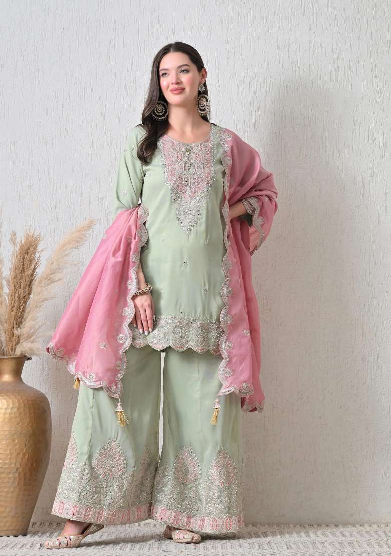 Mint Green Gharara Set in Pure Crepe with Zari Zardozi and Mirror Work - Indya