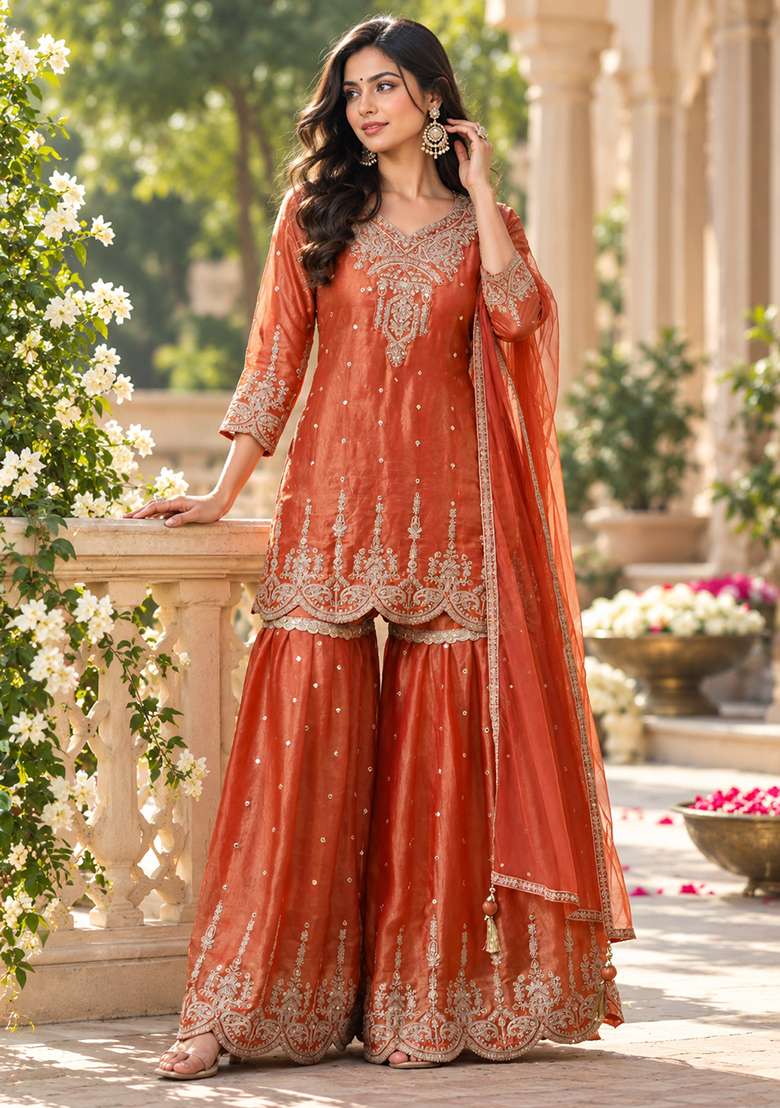 Peach Gharara Set in Pure Tissue with Zari Zardozi and Mirror Work - Indya