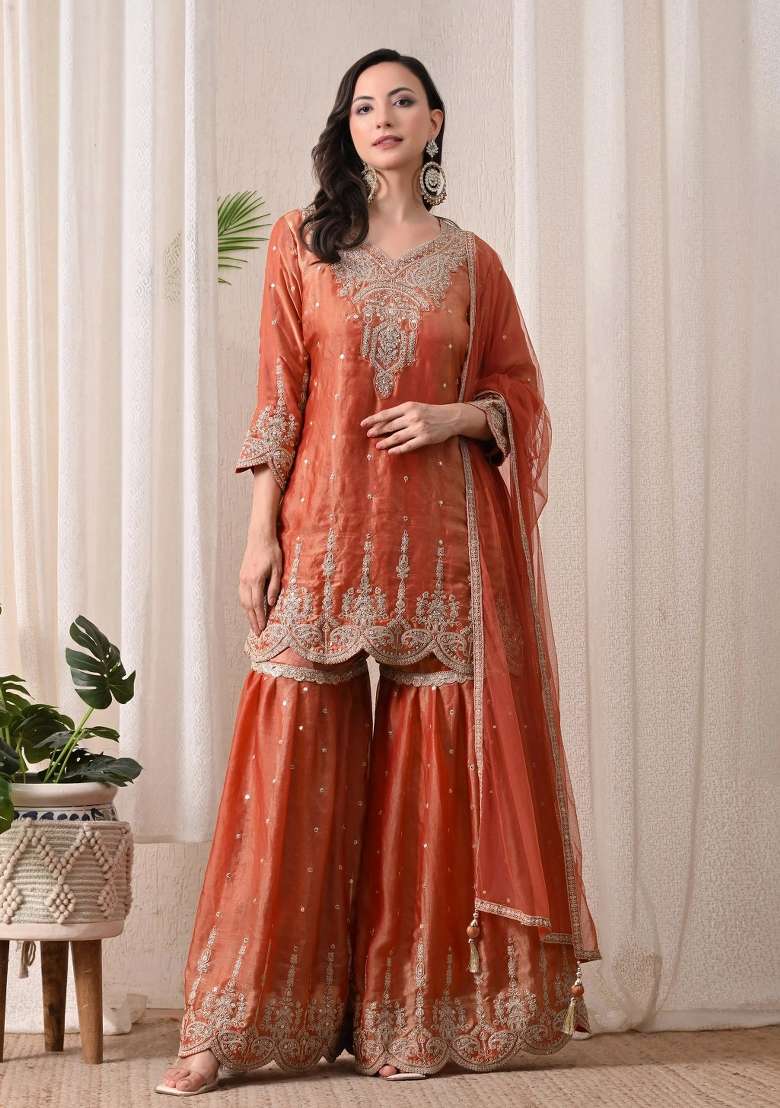 Peach Gharara Set in Pure Tissue with Zari Zardozi and Mirror Work - Indya