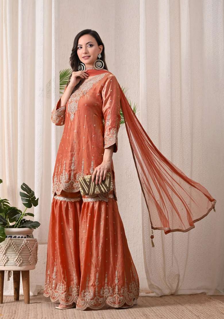 Peach Gharara Set in Pure Tissue with Zari Zardozi and Mirror Work - Indya