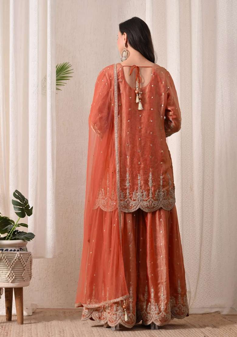 Peach Gharara Set in Pure Tissue with Zari Zardozi and Mirror Work - Indya