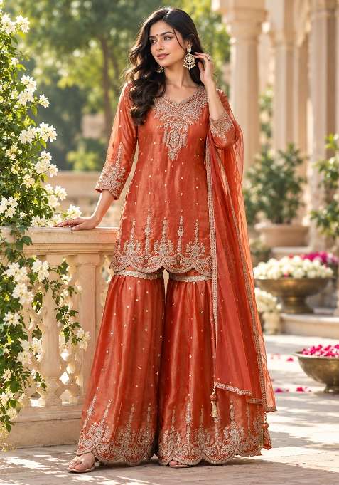Peach Gharara Set in Pure Tissue with Zari Zardozi and Mirror Work