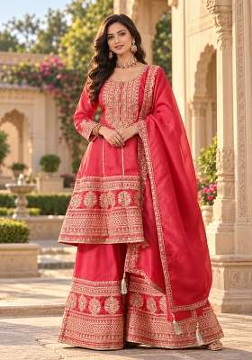 Red Maroon and Off White Peplum Sharara Set in Pure Tissue with Zari Work and Hand Embroidery