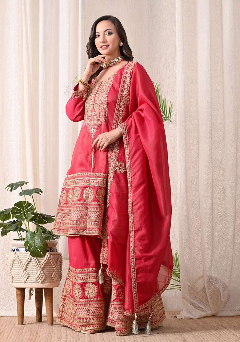 Red Maroon and Off White Peplum Sharara Set in Pure Tissue with Zari Work and Hand Embroidery - Indya