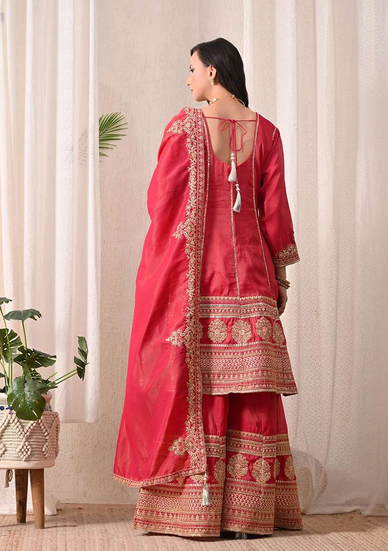 Red Maroon and Off White Peplum Sharara Set in Pure Tissue with Zari Work and Hand Embroidery - Indya