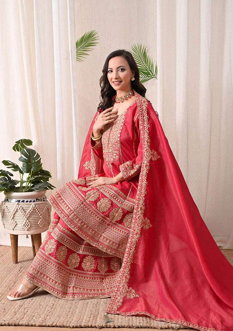 Red Maroon and Off White Peplum Sharara Set in Pure Tissue with Zari Work and Hand Embroidery - Indya