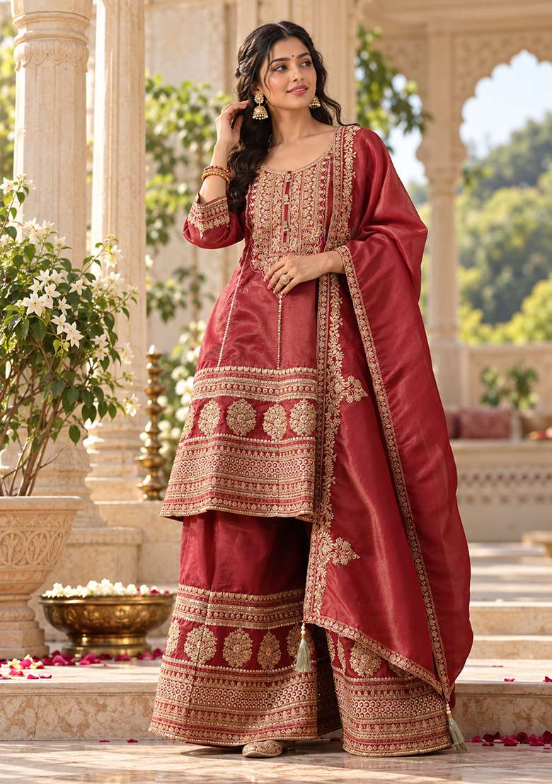 Red Maroon and Off White Peplum Sharara Set in Pure Tissue with Zari Work and Hand Embroidery - Indya