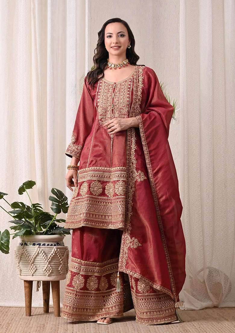 Red Maroon and Off White Peplum Sharara Set in Pure Tissue with Zari Work and Hand Embroidery - Indya