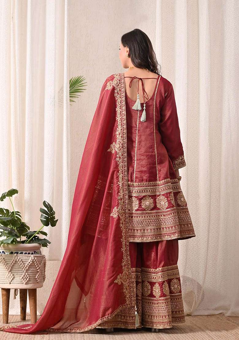 Red Maroon and Off White Peplum Sharara Set in Pure Tissue with Zari Work and Hand Embroidery - Indya