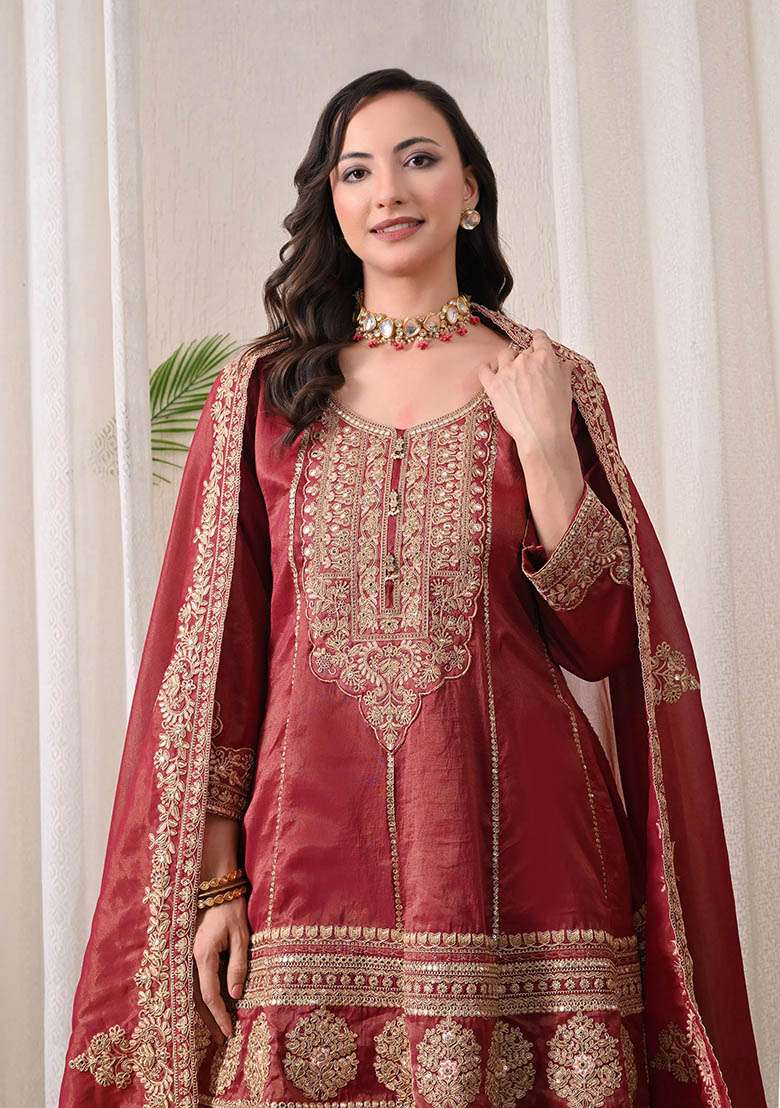 Red Maroon and Off White Peplum Sharara Set in Pure Tissue with Zari Work and Hand Embroidery - Indya