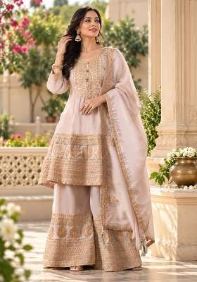 Red Maroon and Off White Peplum Sharara Set in Pure Tissue with Zari Work and Hand Embroidery