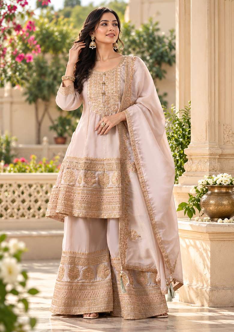 Red Maroon and Off White Peplum Sharara Set in Pure Tissue with Zari Work and Hand Embroidery - Indya
