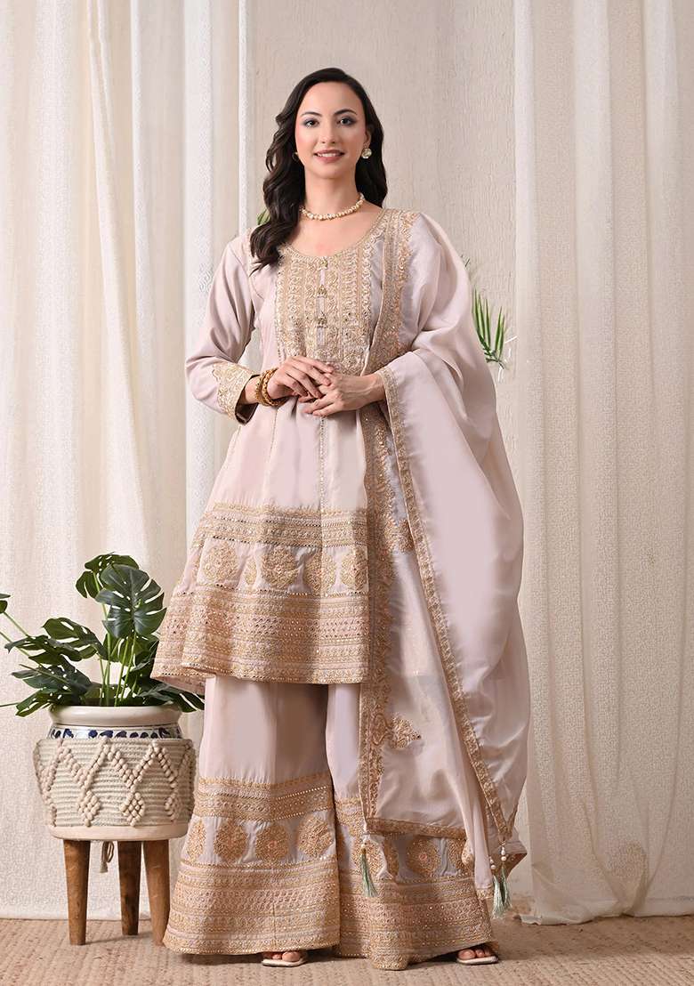 Red Maroon and Off White Peplum Sharara Set in Pure Tissue with Zari Work and Hand Embroidery - Indya