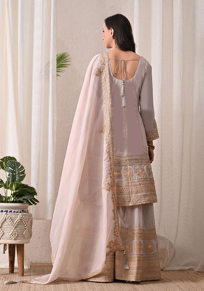 Red Maroon and Off White Peplum Sharara Set in Pure Tissue with Zari Work and Hand Embroidery - Indya