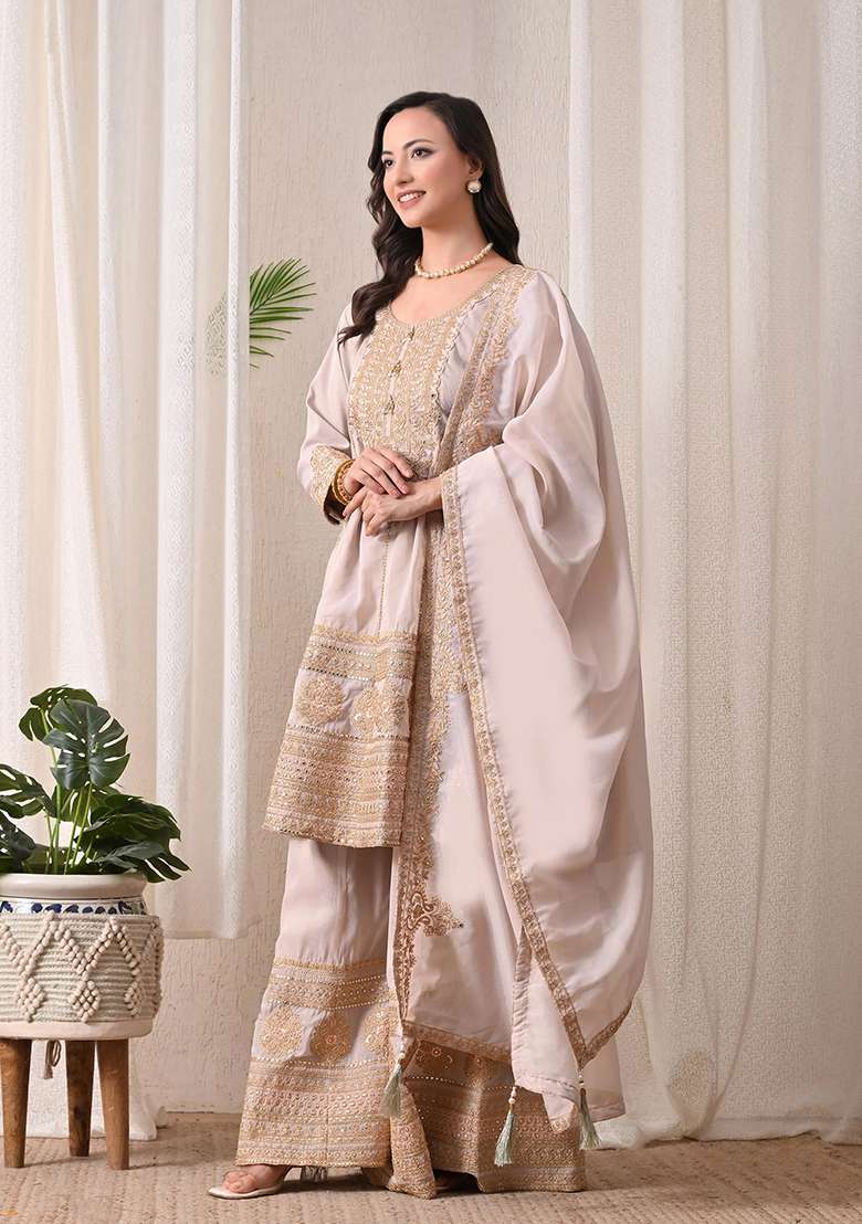 Red Maroon and Off White Peplum Sharara Set in Pure Tissue with Zari Work and Hand Embroidery - Indya