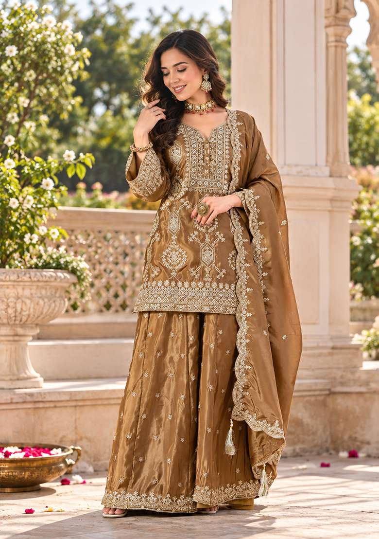 Light Brown Sharara Set in Pure Crepe with Zari Zardozi Mirror Work and Buti Motifs - Indya